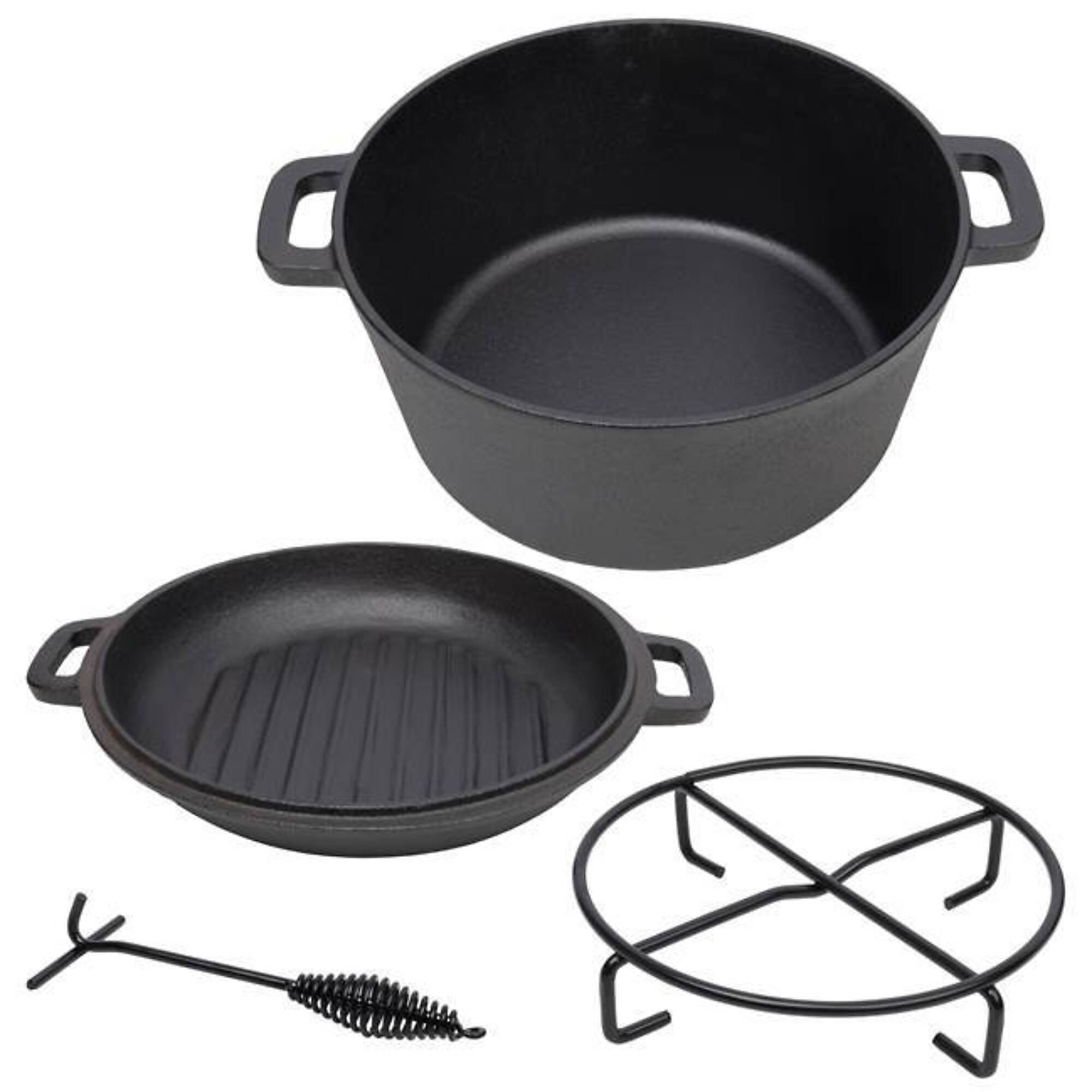 TMB BAC-W465P216349 Pre-Seasoned Cast Iron Dutch Oven — 5 Qt., 3-in-1, Skillet Lid, Dual Handles, Iron Pot Rack, Lid Lifter, Model# BAC-W465P216349
